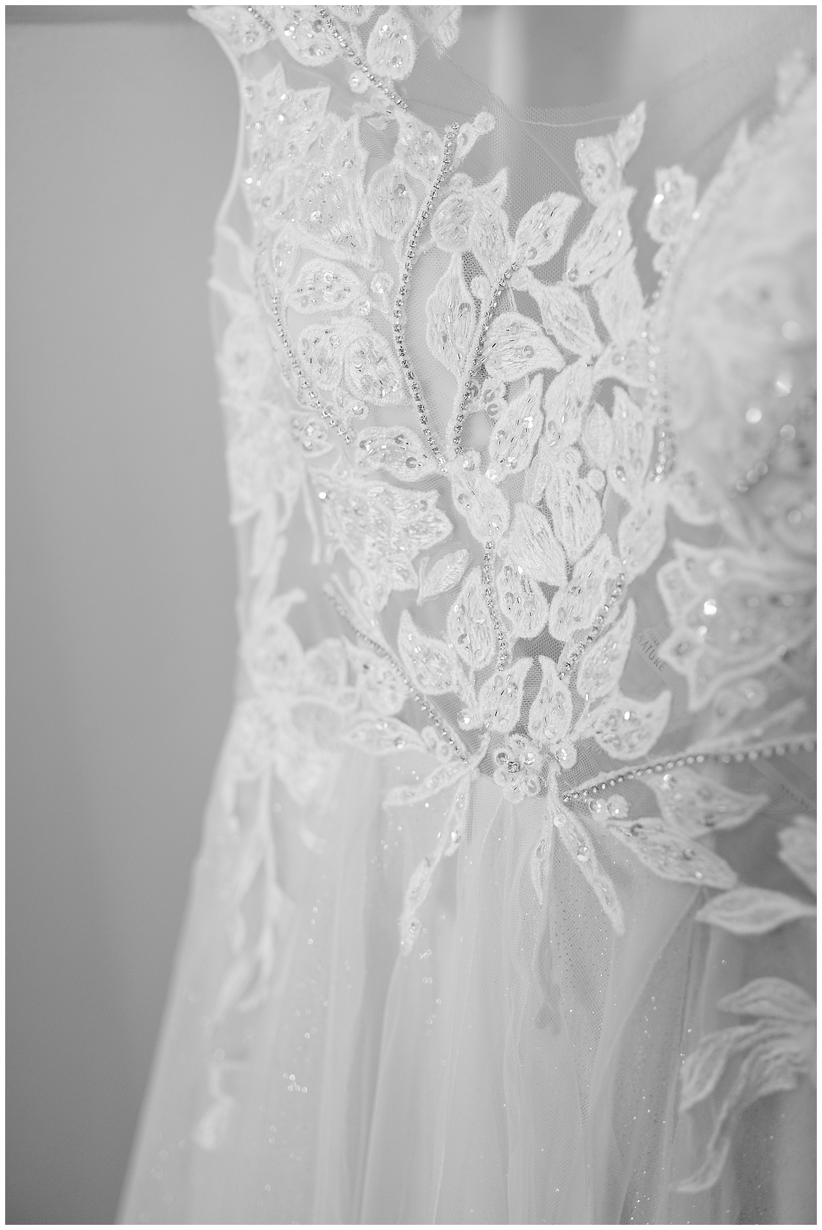 Black and White image of wedding dress. 