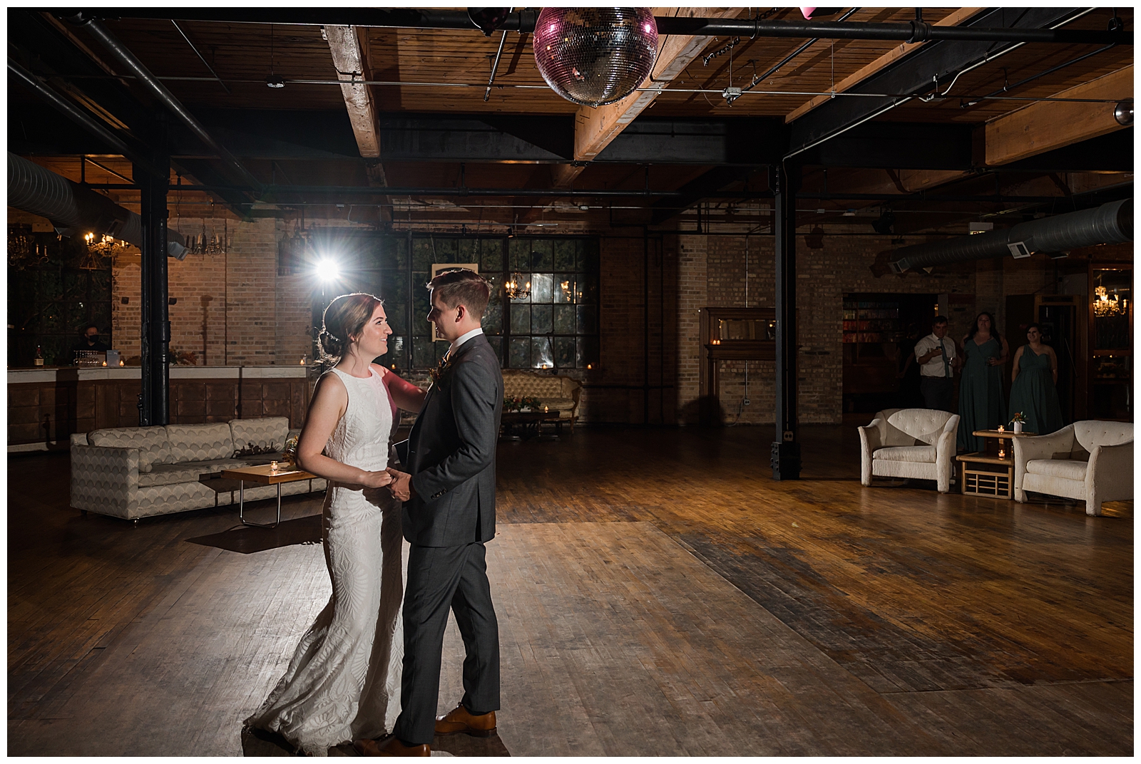Bride and groom's first dance at Salvage One 
