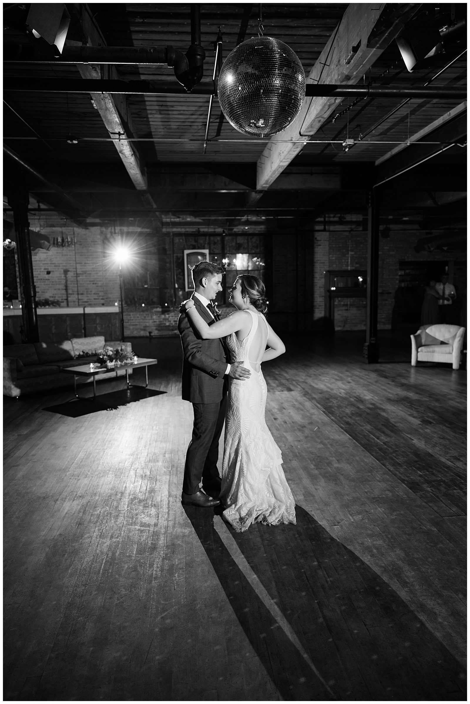 Black and White image of the first dance at Salvage One 