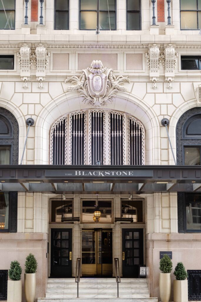 An exterior shot of the Blackstone Hotel, a wedding venue in downtown Chicago