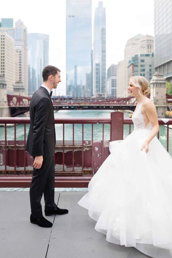 First look on Clark Street Bridge with Chicago skyline in background.