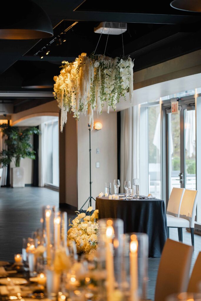 Elegant reception setup at RPM Events overlooking Chicago River.